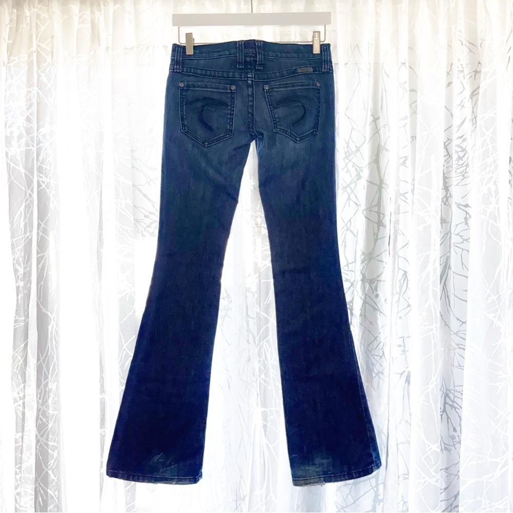 VINTAGE FRANKIE B. F logo back pockets low rise flare bell bottom blue jeans